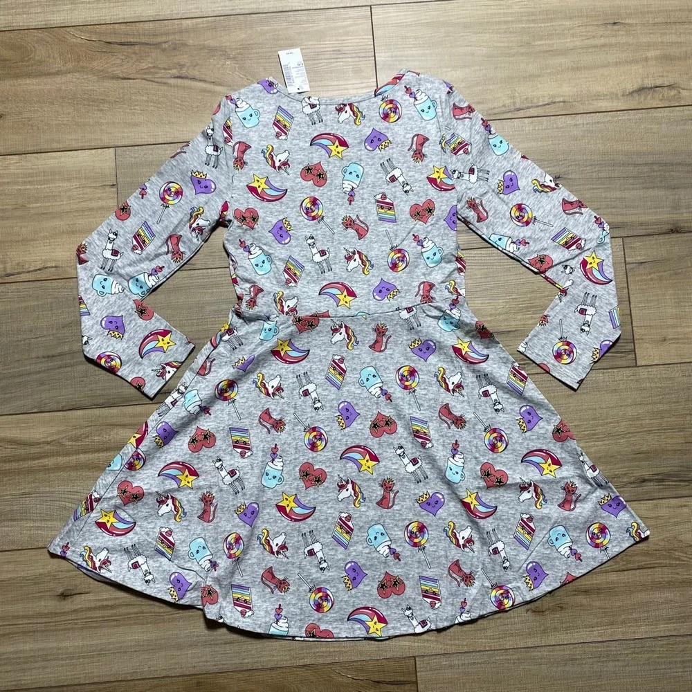 The Children's Place Girls Long Sleeve Printed  Skater Everyday Dress Large Gray